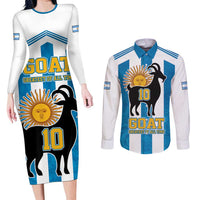 Personalized Argentina 10 Goat Couples Matching Long Sleeve Bodycon Dress and Long Sleeve Button Shirt Greatest Of All Time Sporty Style
