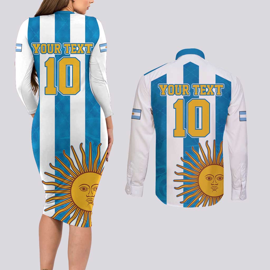 Personalized Argentina 10 Goat Couples Matching Long Sleeve Bodycon Dress and Long Sleeve Button Shirt Greatest Of All Time Sporty Style