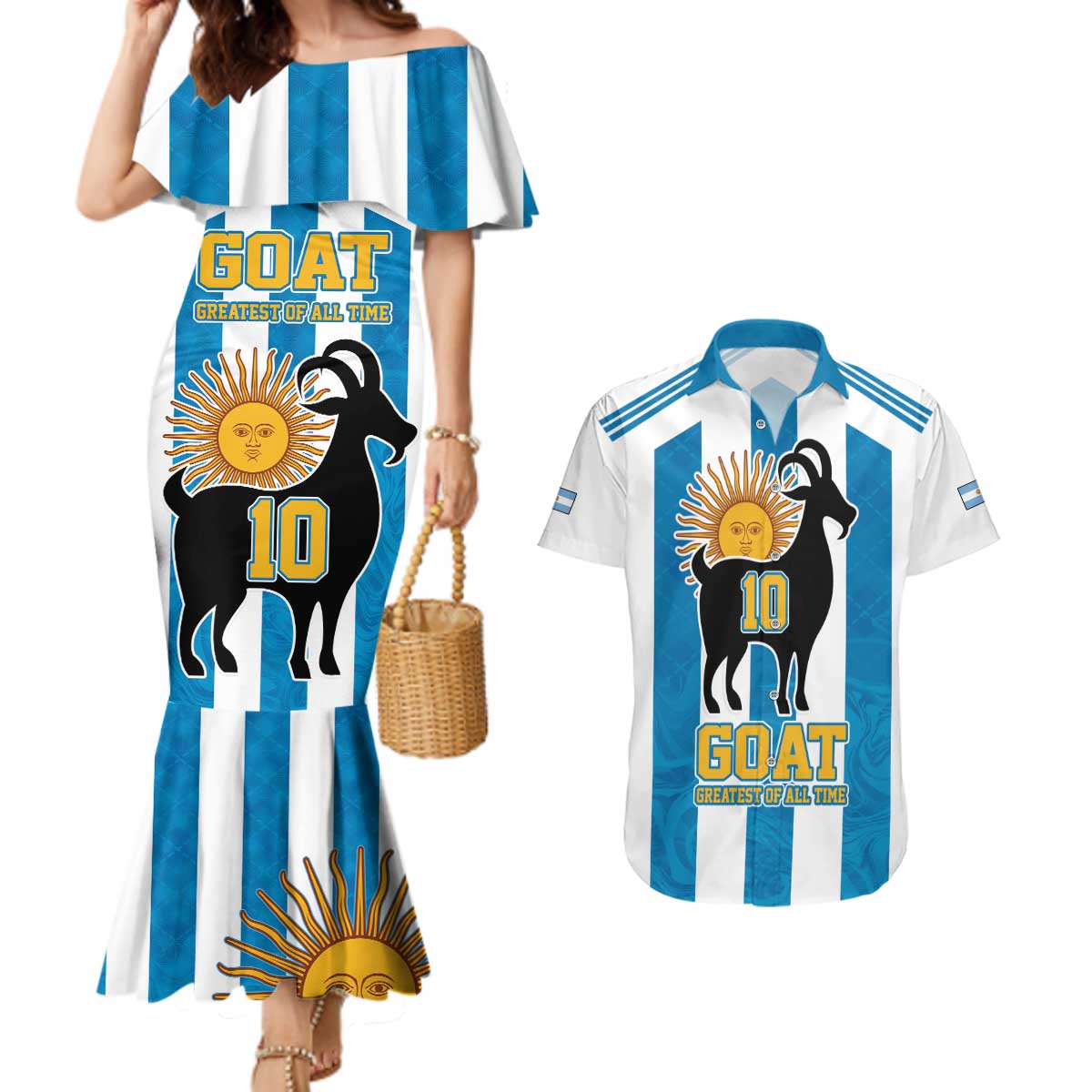 Personalized Argentina 10 Goat Couples Matching Mermaid Dress and Hawaiian Shirt Greatest Of All Time Sporty Style