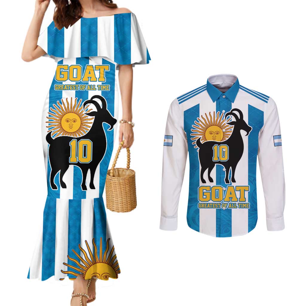 Personalized Argentina 10 Goat Couples Matching Mermaid Dress and Long Sleeve Button Shirt Greatest Of All Time Sporty Style