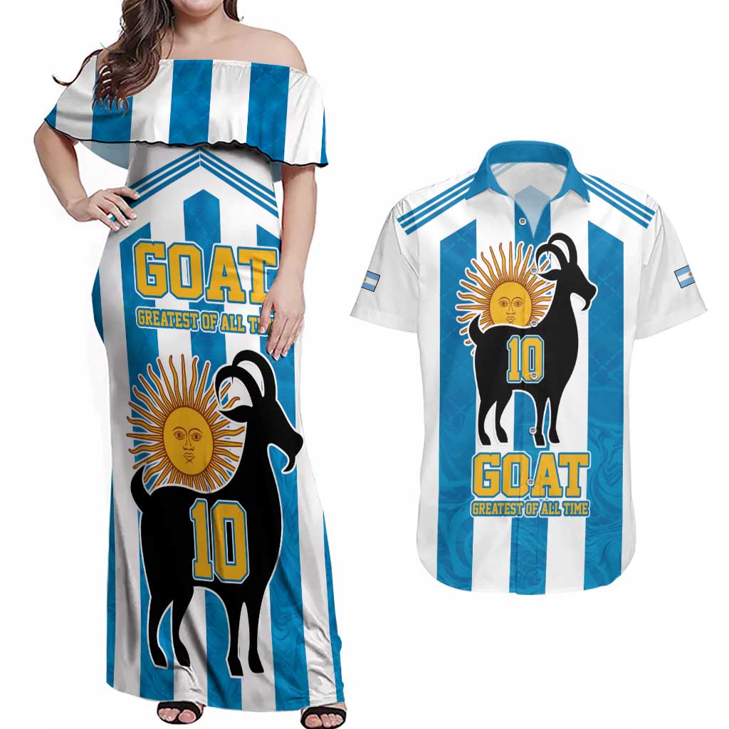 Personalized Argentina 10 Goat Couples Matching Off Shoulder Maxi Dress and Hawaiian Shirt Greatest Of All Time Sporty Style