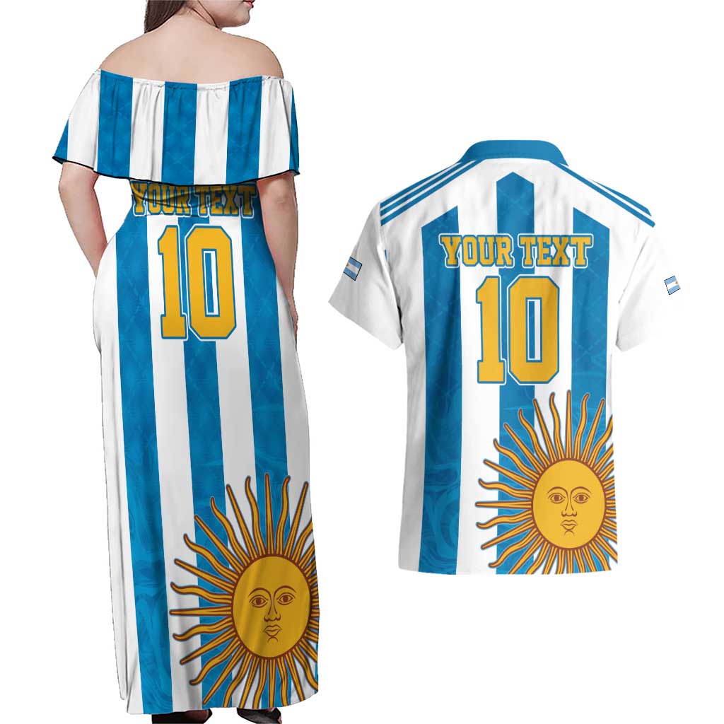 Personalized Argentina 10 Goat Couples Matching Off Shoulder Maxi Dress and Hawaiian Shirt Greatest Of All Time Sporty Style