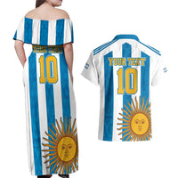 Personalized Argentina 10 Goat Couples Matching Off Shoulder Maxi Dress and Hawaiian Shirt Greatest Of All Time Sporty Style