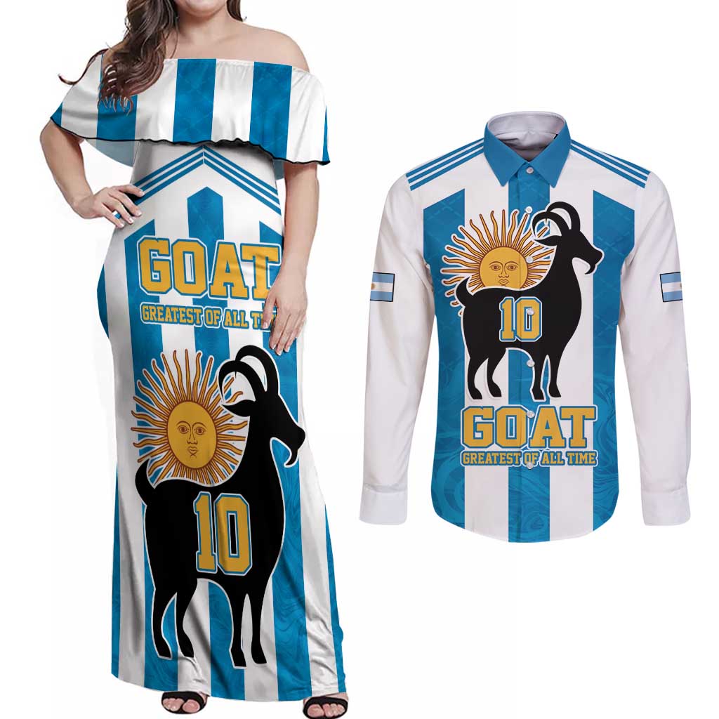 Personalized Argentina 10 Goat Couples Matching Off Shoulder Maxi Dress and Long Sleeve Button Shirt Greatest Of All Time Sporty Style