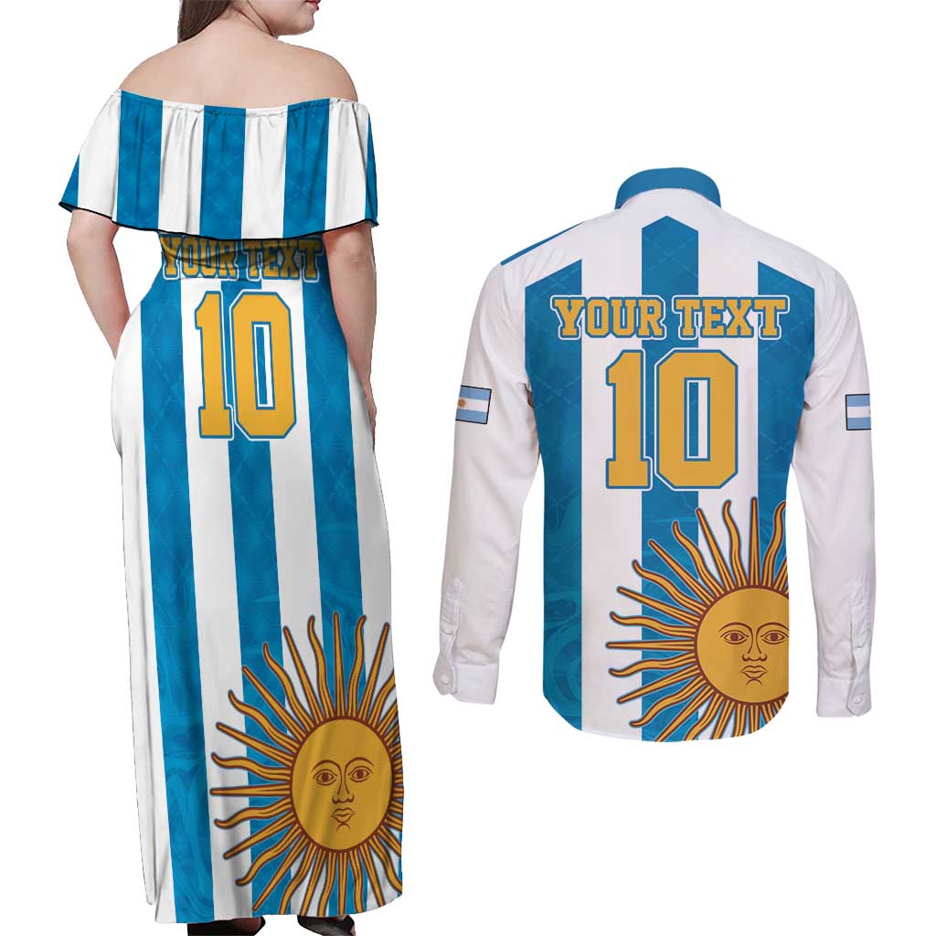 Personalized Argentina 10 Goat Couples Matching Off Shoulder Maxi Dress and Long Sleeve Button Shirt Greatest Of All Time Sporty Style