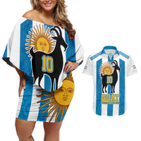 Personalized Argentina 10 Goat Couples Matching Off Shoulder Short Dress and Hawaiian Shirt Greatest Of All Time Sporty Style