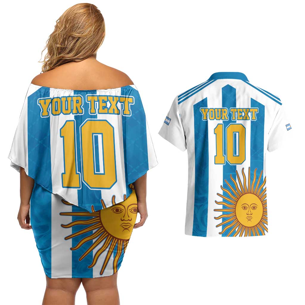 Personalized Argentina 10 Goat Couples Matching Off Shoulder Short Dress and Hawaiian Shirt Greatest Of All Time Sporty Style