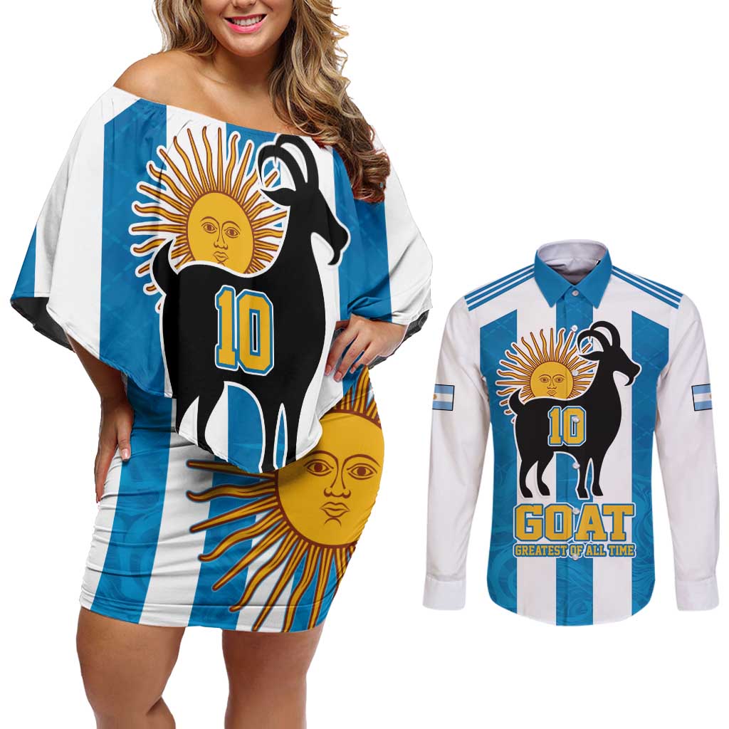Personalized Argentina 10 Goat Couples Matching Off Shoulder Short Dress and Long Sleeve Button Shirt Greatest Of All Time Sporty Style