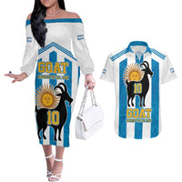 Personalized Argentina 10 Goat Couples Matching Off The Shoulder Long Sleeve Dress and Hawaiian Shirt Greatest Of All Time Sporty Style