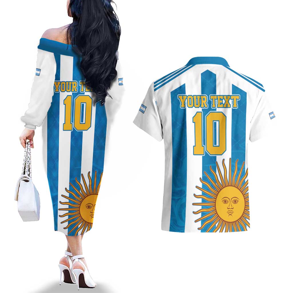 Personalized Argentina 10 Goat Couples Matching Off The Shoulder Long Sleeve Dress and Hawaiian Shirt Greatest Of All Time Sporty Style