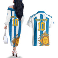 Personalized Argentina 10 Goat Couples Matching Off The Shoulder Long Sleeve Dress and Hawaiian Shirt Greatest Of All Time Sporty Style