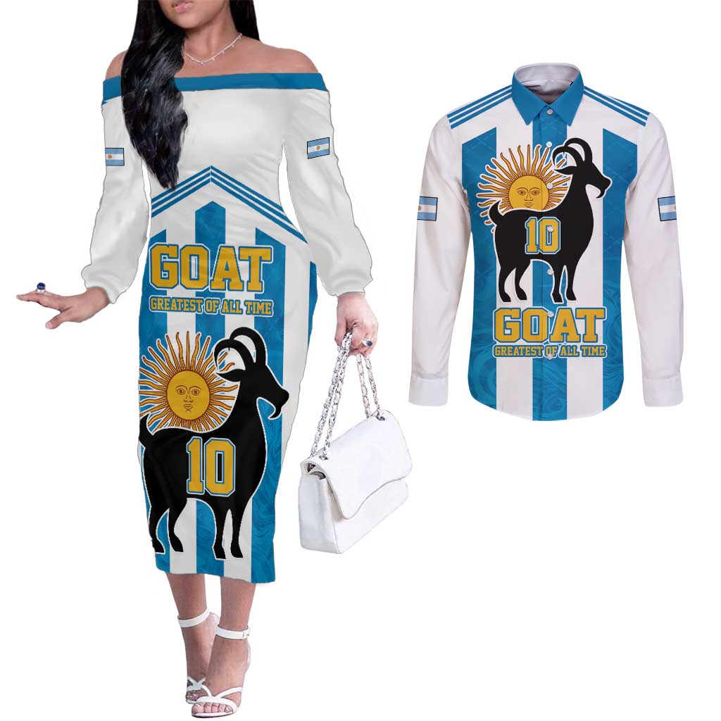 Personalized Argentina 10 Goat Couples Matching Off The Shoulder Long Sleeve Dress and Long Sleeve Button Shirt Greatest Of All Time Sporty Style