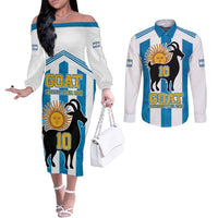 Personalized Argentina 10 Goat Couples Matching Off The Shoulder Long Sleeve Dress and Long Sleeve Button Shirt Greatest Of All Time Sporty Style