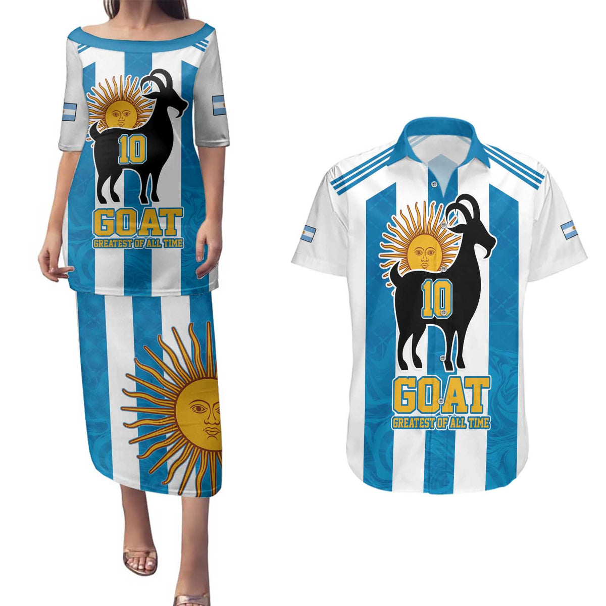 Personalized Argentina 10 Goat Couples Matching Puletasi and Hawaiian Shirt Greatest Of All Time Sporty Style