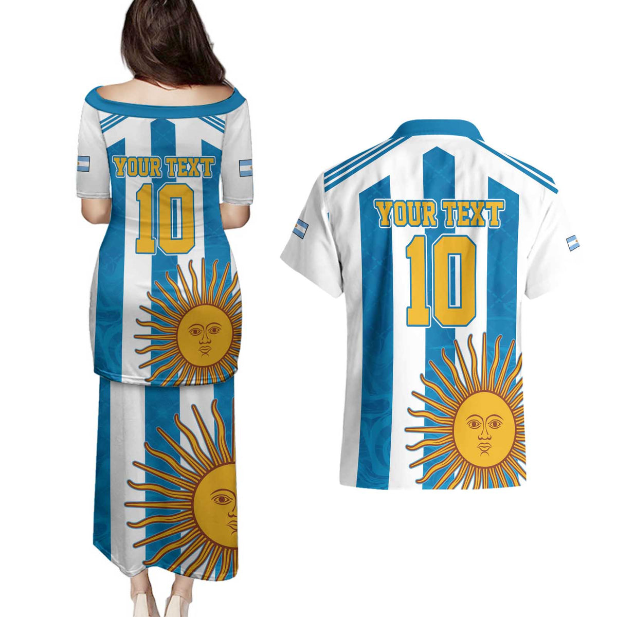 Personalized Argentina 10 Goat Couples Matching Puletasi and Hawaiian Shirt Greatest Of All Time Sporty Style