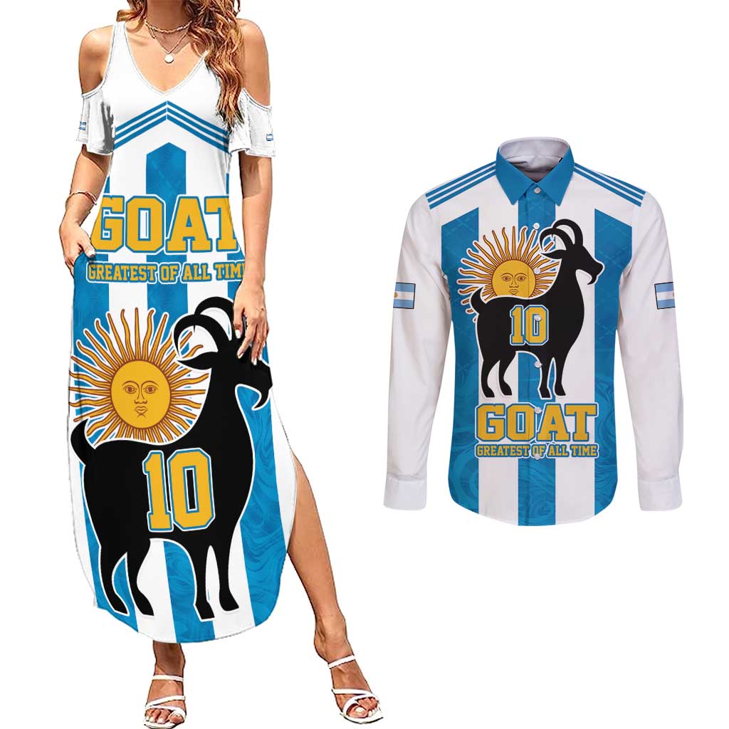 Personalized Argentina 10 Goat Couples Matching Summer Maxi Dress and Long Sleeve Button Shirt Greatest Of All Time Sporty Style