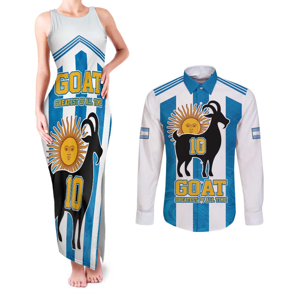 Personalized Argentina 10 Goat Couples Matching Tank Maxi Dress and Long Sleeve Button Shirt Greatest Of All Time Sporty Style