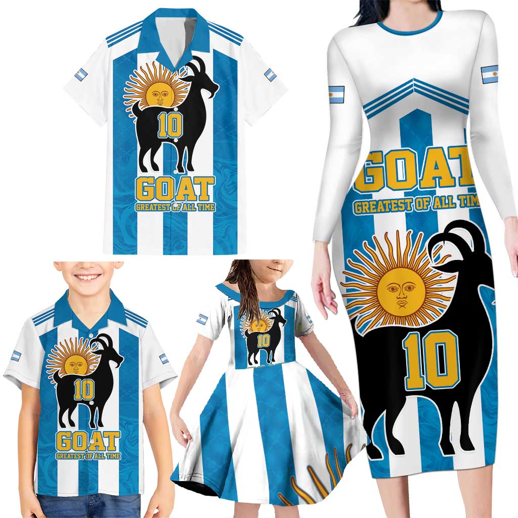 Personalized Argentina 10 Goat Family Matching Long Sleeve Bodycon Dress and Hawaiian Shirt Greatest Of All Time Sporty Style