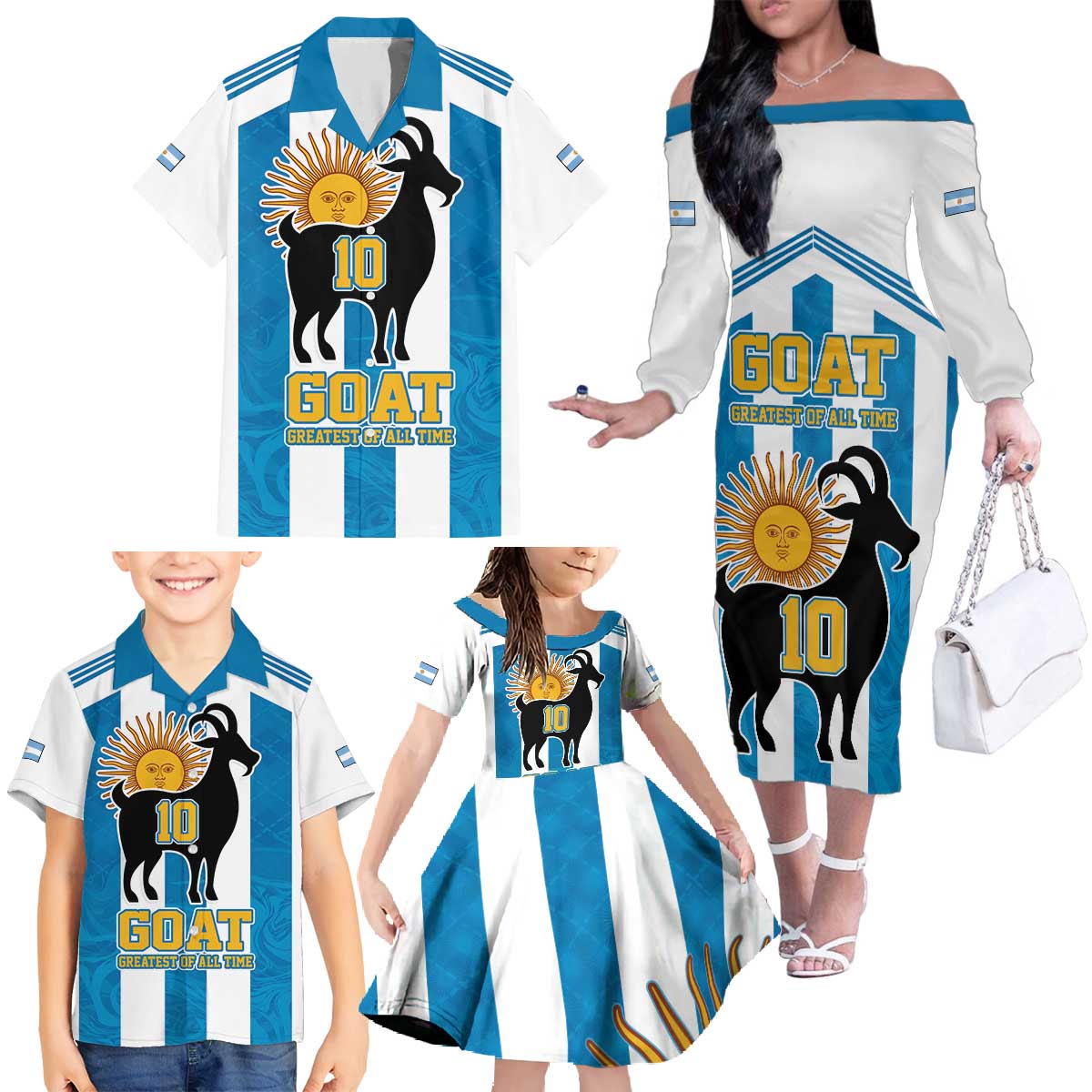 Personalized Argentina 10 Goat Family Matching Off The Shoulder Long Sleeve Dress and Hawaiian Shirt Greatest Of All Time Sporty Style
