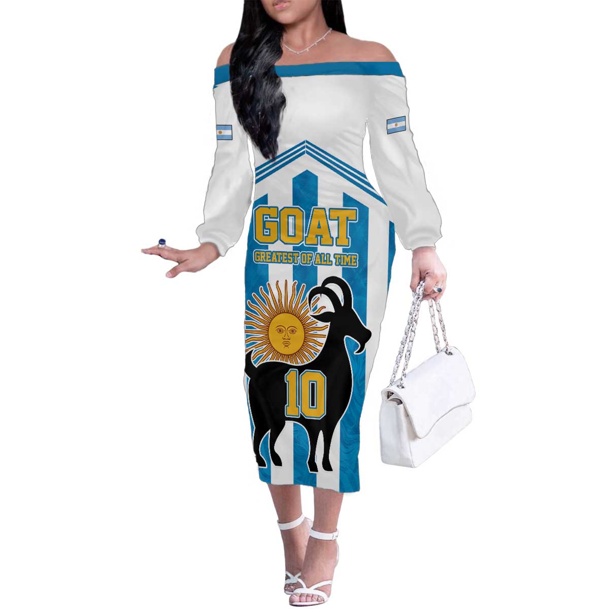 Personalized Argentina 10 Goat Family Matching Off The Shoulder Long Sleeve Dress and Hawaiian Shirt Greatest Of All Time Sporty Style