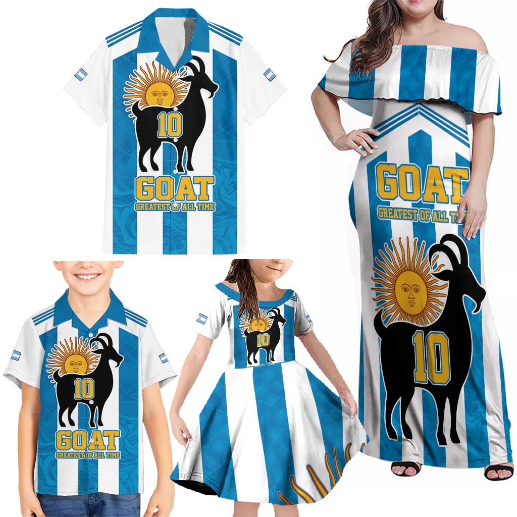 Personalized Argentina 10 Goat Family Matching Off Shoulder Maxi Dress and Hawaiian Shirt Greatest Of All Time Sporty Style