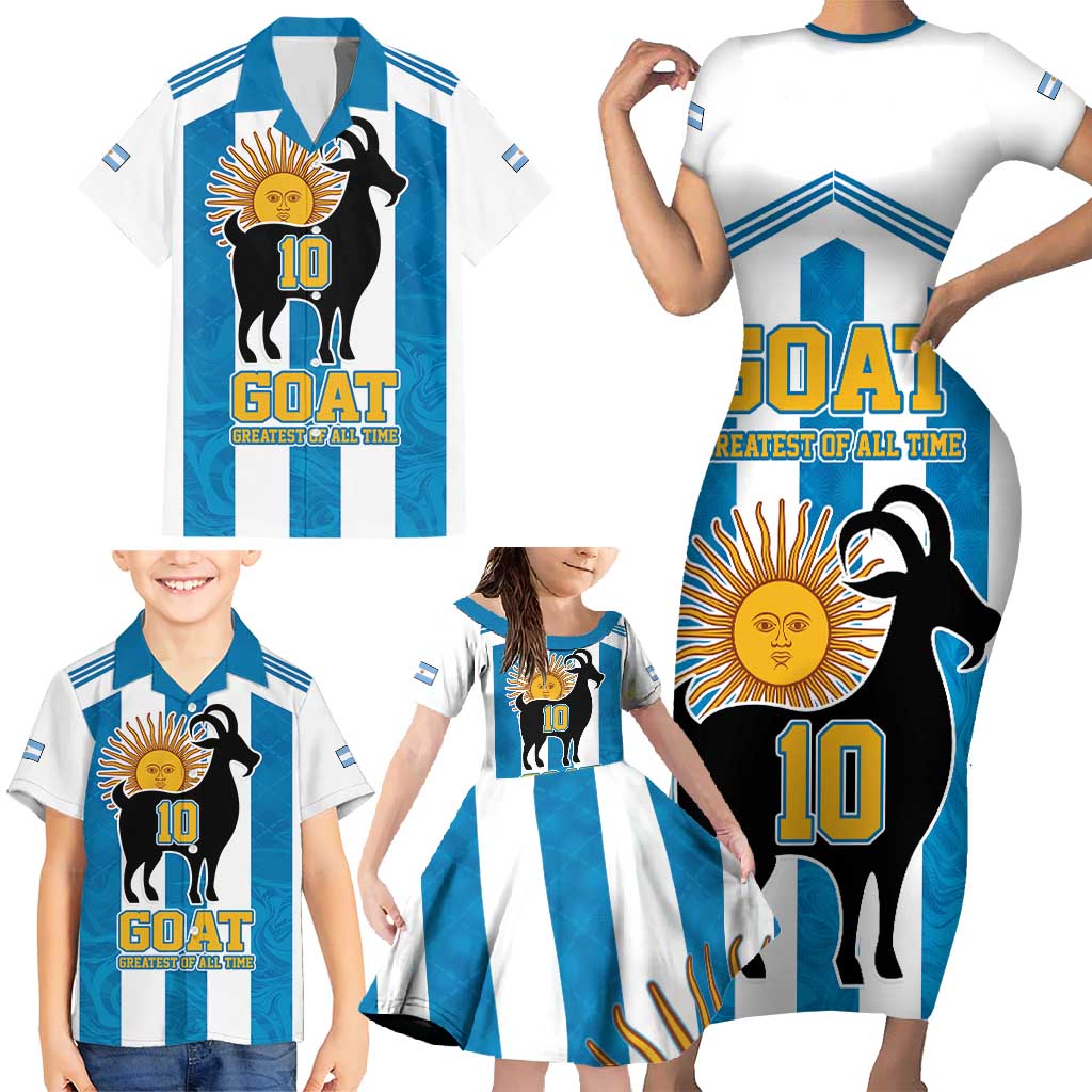 Personalized Argentina 10 Goat Family Matching Short Sleeve Bodycon Dress and Hawaiian Shirt Greatest Of All Time Sporty Style