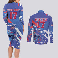 Custom United States Ice Hockey Couples Matching Long Sleeve Bodycon Dress and Long Sleeve Button Shirt USA Go Champions Sporty Style