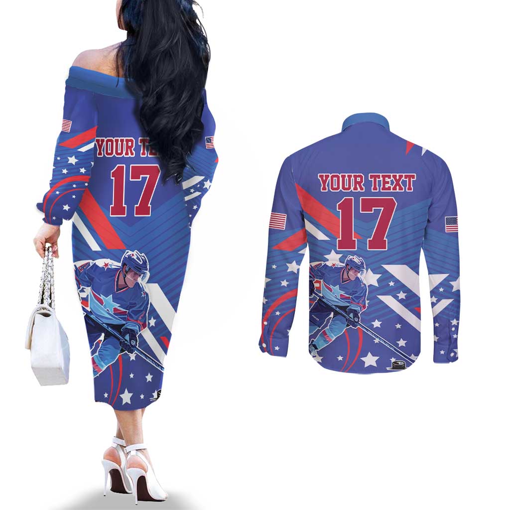 Custom United States Ice Hockey Couples Matching Off The Shoulder Long Sleeve Dress and Long Sleeve Button Shirt USA Go Champions Sporty Style