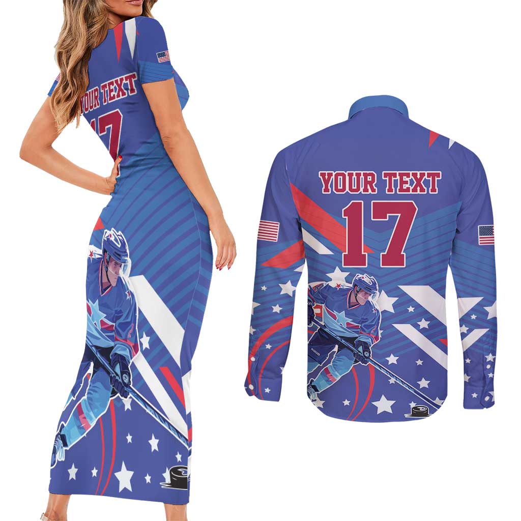 Custom United States Ice Hockey Couples Matching Short Sleeve Bodycon Dress and Long Sleeve Button Shirt USA Go Champions Sporty Style