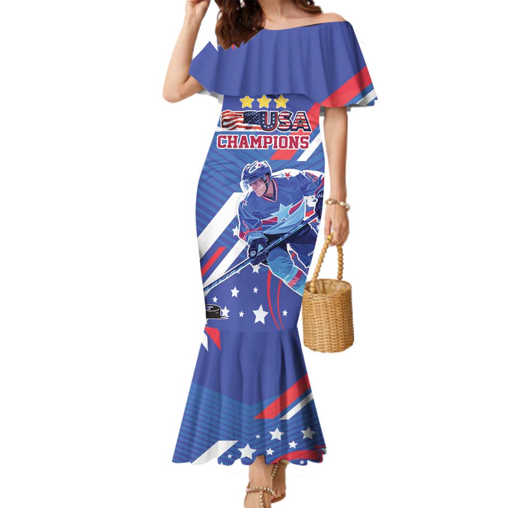 Custom United States Ice Hockey Family Matching Mermaid Dress and Hawaiian Shirt USA Go Champions Sporty Style