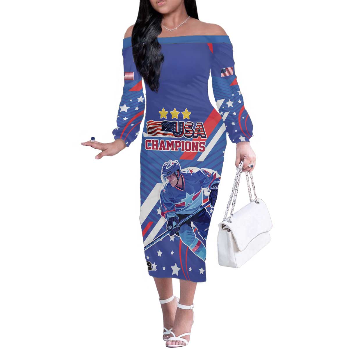 Custom United States Ice Hockey Family Matching Off The Shoulder Long Sleeve Dress and Hawaiian Shirt USA Go Champions Sporty Style