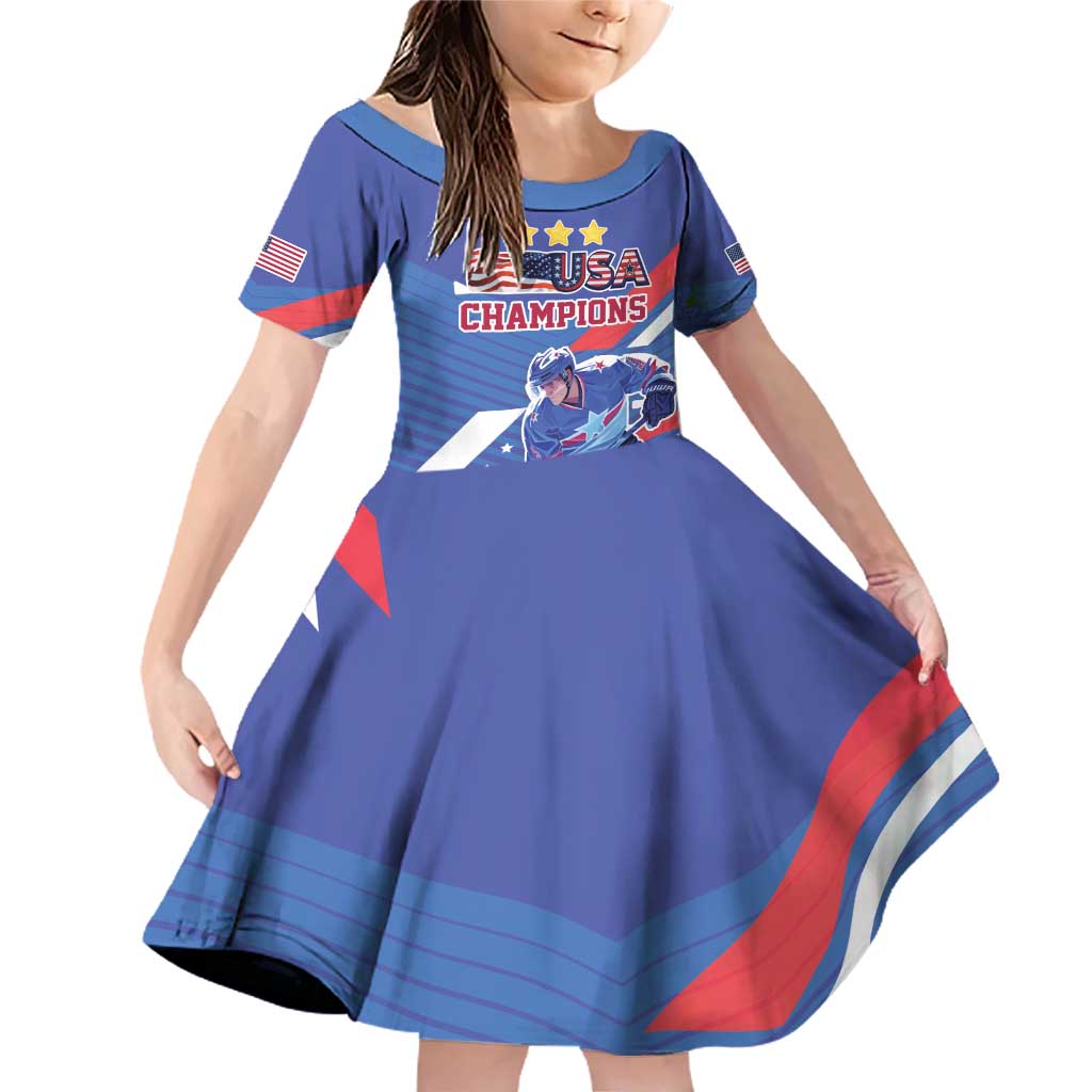 Custom United States Ice Hockey Family Matching Off Shoulder Short Dress and Hawaiian Shirt USA Go Champions Sporty Style