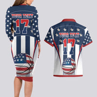 Custom United States Basketball Couples Matching Long Sleeve Bodycon Dress and Hawaiian Shirt USA Eagle Mascot Style