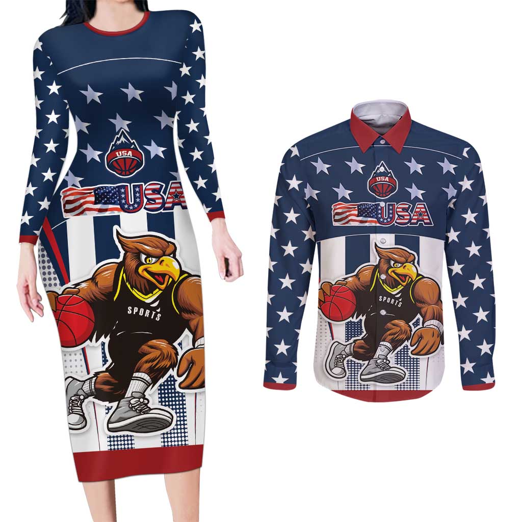 Custom United States Basketball Couples Matching Long Sleeve Bodycon Dress and Long Sleeve Button Shirt USA Eagle Mascot Style