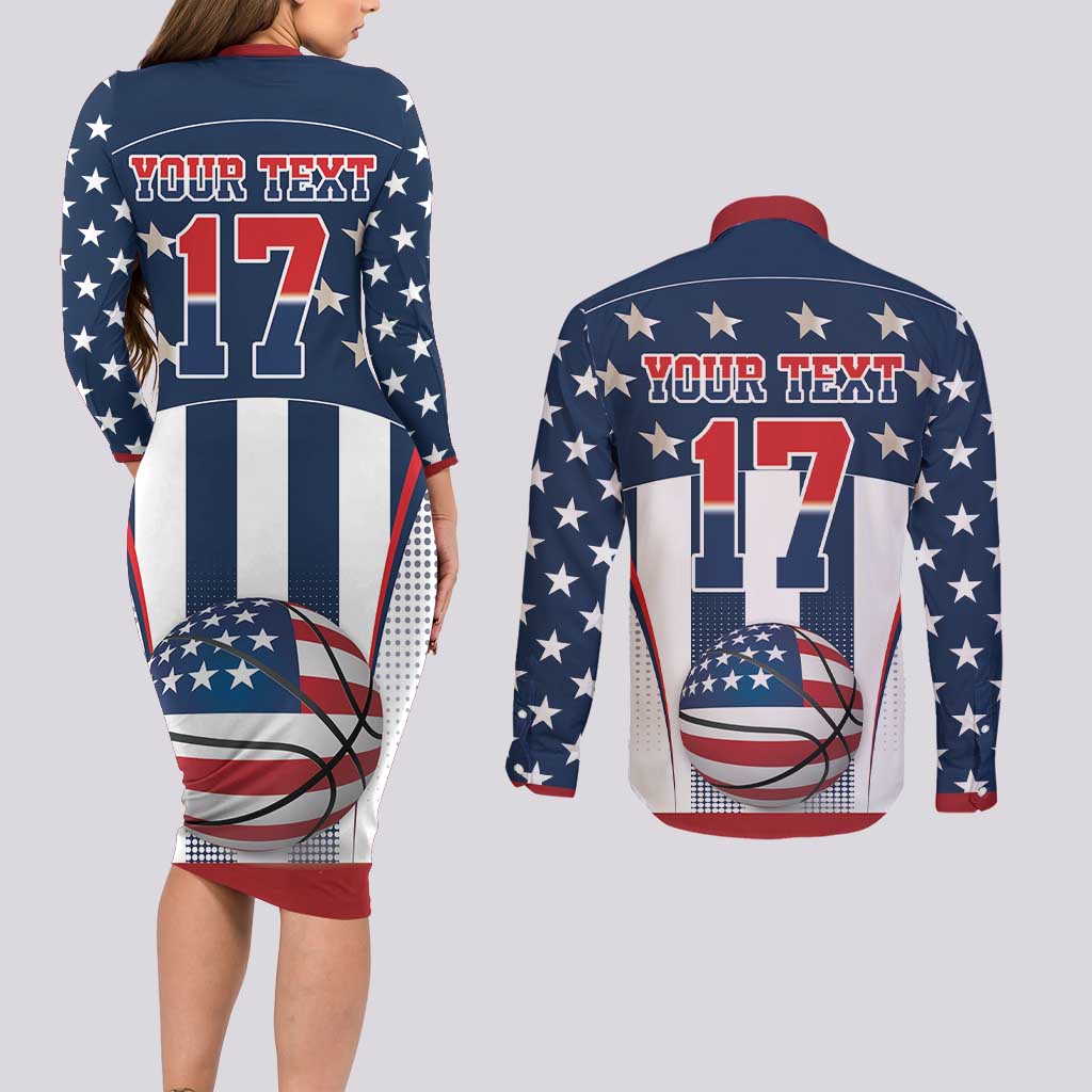 Custom United States Basketball Couples Matching Long Sleeve Bodycon Dress and Long Sleeve Button Shirt USA Eagle Mascot Style