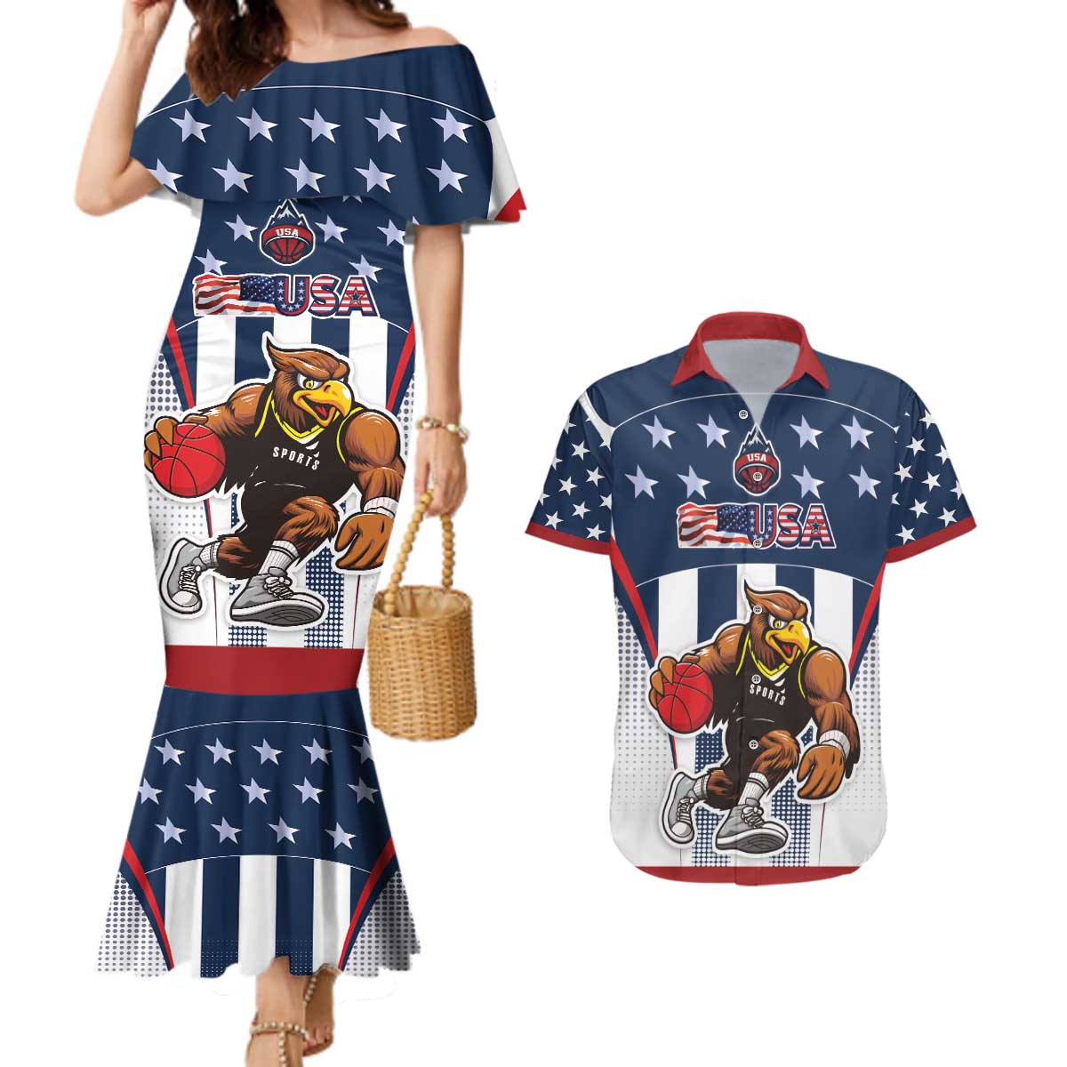 Custom United States Basketball Couples Matching Mermaid Dress and Hawaiian Shirt USA Eagle Mascot Style