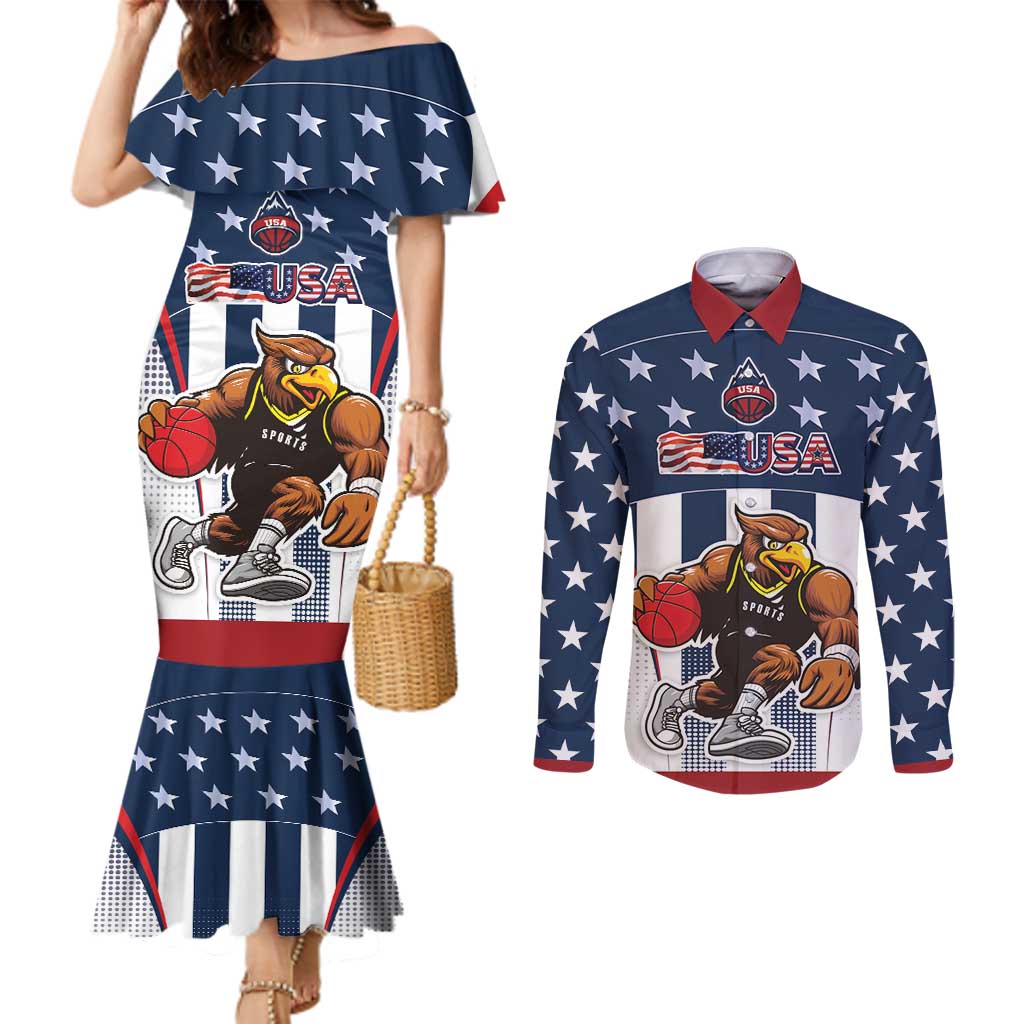 Custom United States Basketball Couples Matching Mermaid Dress and Long Sleeve Button Shirt USA Eagle Mascot Style