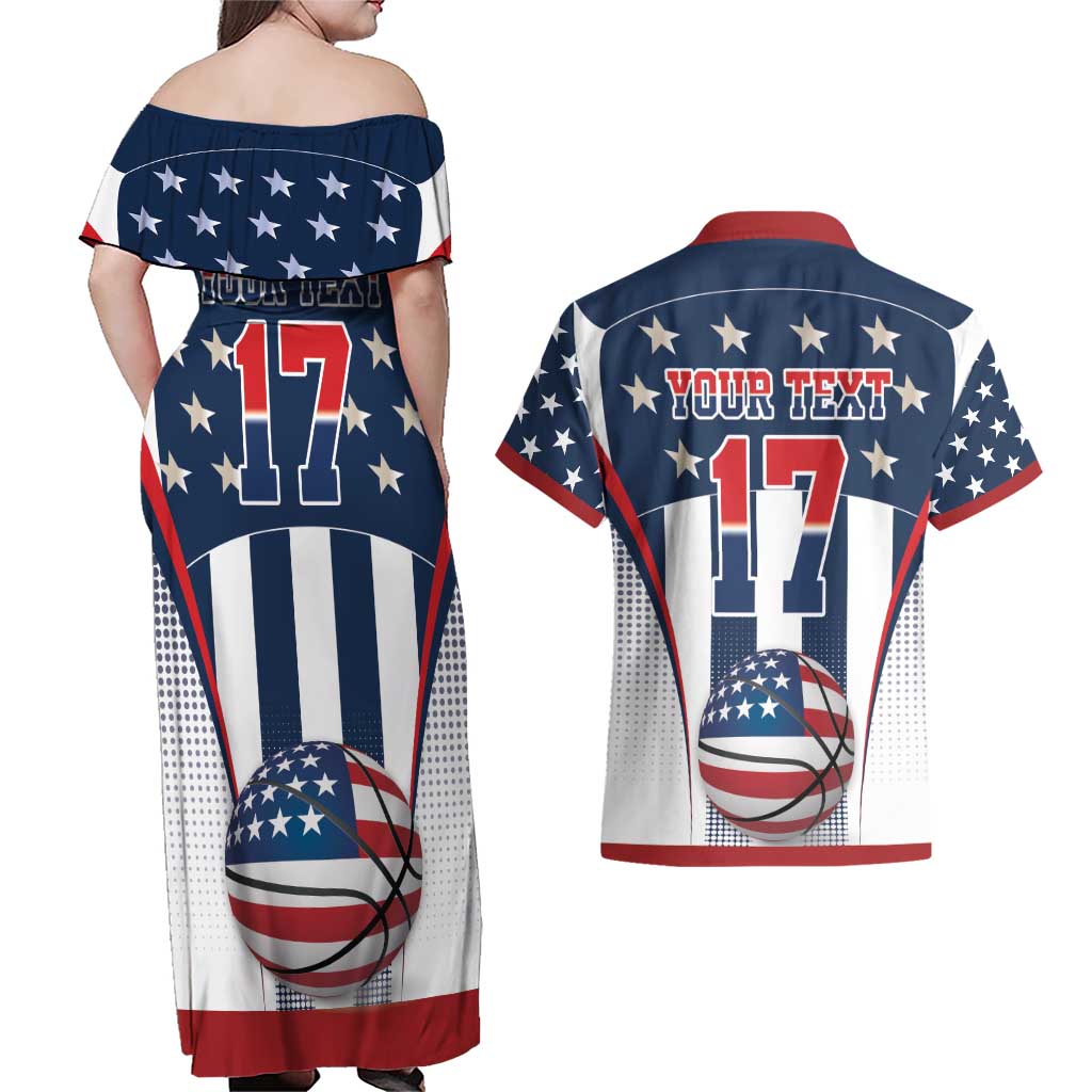 Custom United States Basketball Couples Matching Off Shoulder Maxi Dress and Hawaiian Shirt USA Eagle Mascot Style