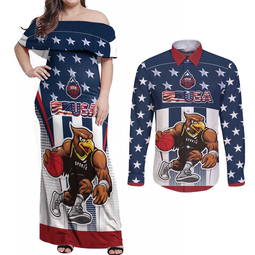 Custom United States Basketball Couples Matching Off Shoulder Maxi Dress and Long Sleeve Button Shirt USA Eagle Mascot Style