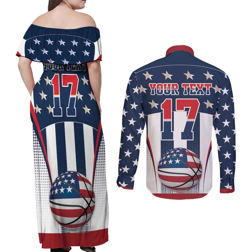 Custom United States Basketball Couples Matching Off Shoulder Maxi Dress and Long Sleeve Button Shirt USA Eagle Mascot Style