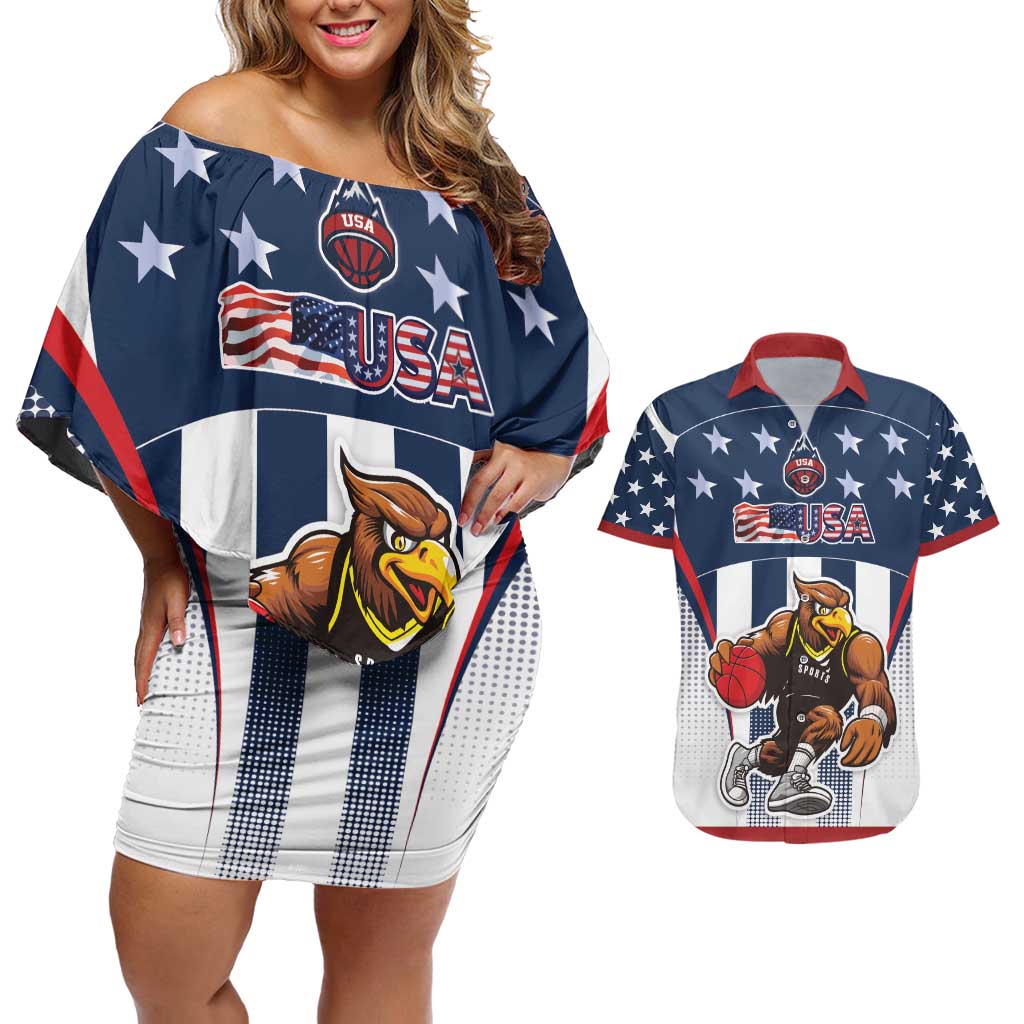 Custom United States Basketball Couples Matching Off Shoulder Short Dress and Hawaiian Shirt USA Eagle Mascot Style