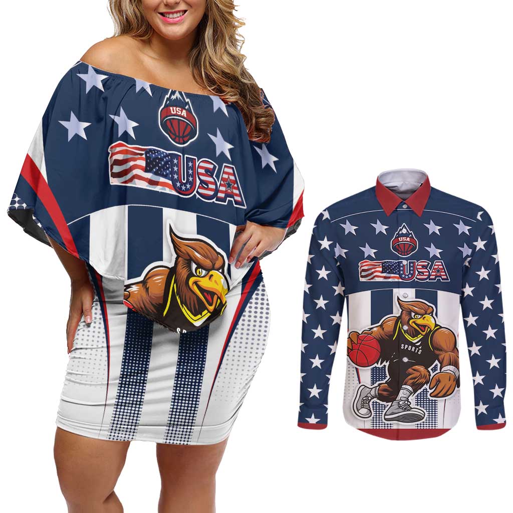Custom United States Basketball Couples Matching Off Shoulder Short Dress and Long Sleeve Button Shirt USA Eagle Mascot Style