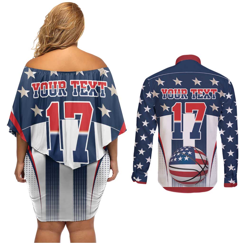 Custom United States Basketball Couples Matching Off Shoulder Short Dress and Long Sleeve Button Shirt USA Eagle Mascot Style