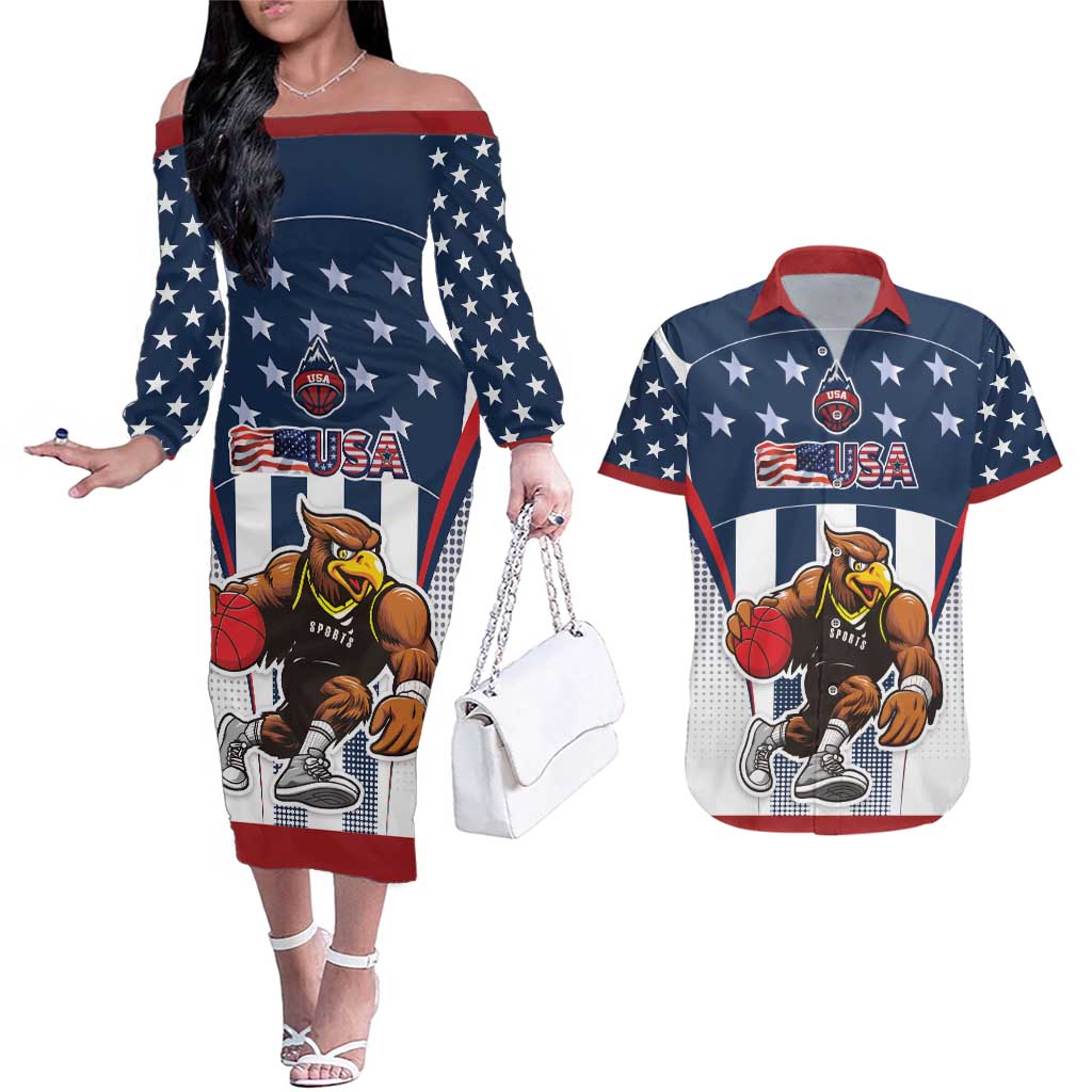 Custom United States Basketball Couples Matching Off The Shoulder Long Sleeve Dress and Hawaiian Shirt USA Eagle Mascot Style