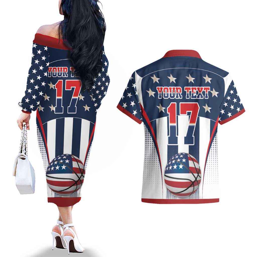 Custom United States Basketball Couples Matching Off The Shoulder Long Sleeve Dress and Hawaiian Shirt USA Eagle Mascot Style