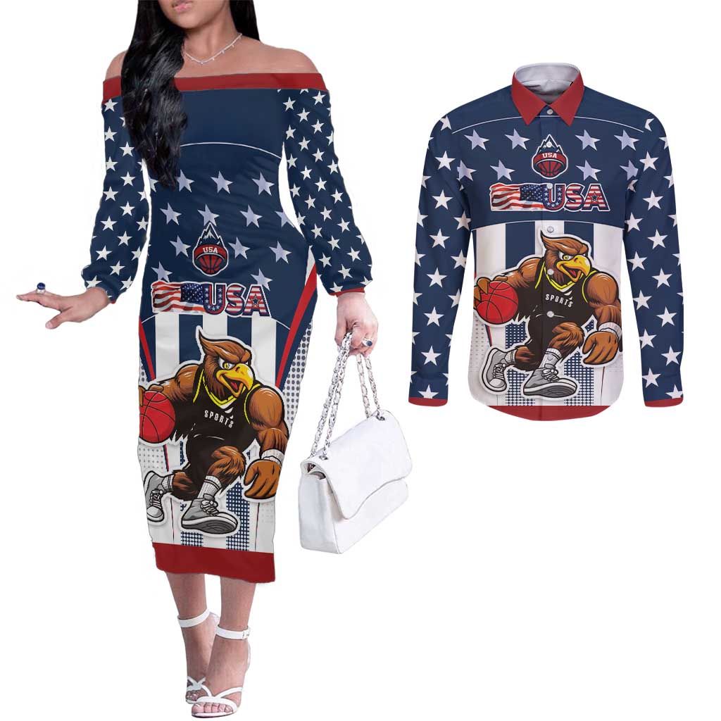 Custom United States Basketball Couples Matching Off The Shoulder Long Sleeve Dress and Long Sleeve Button Shirt USA Eagle Mascot Style