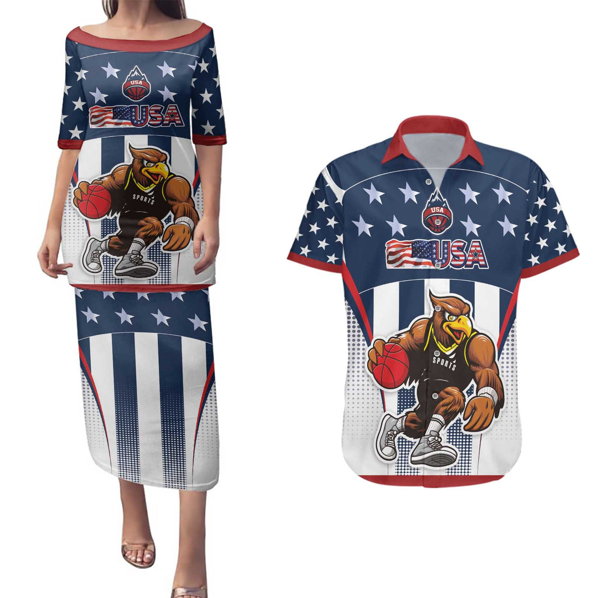 Custom United States Basketball Couples Matching Puletasi and Hawaiian Shirt USA Eagle Mascot Style