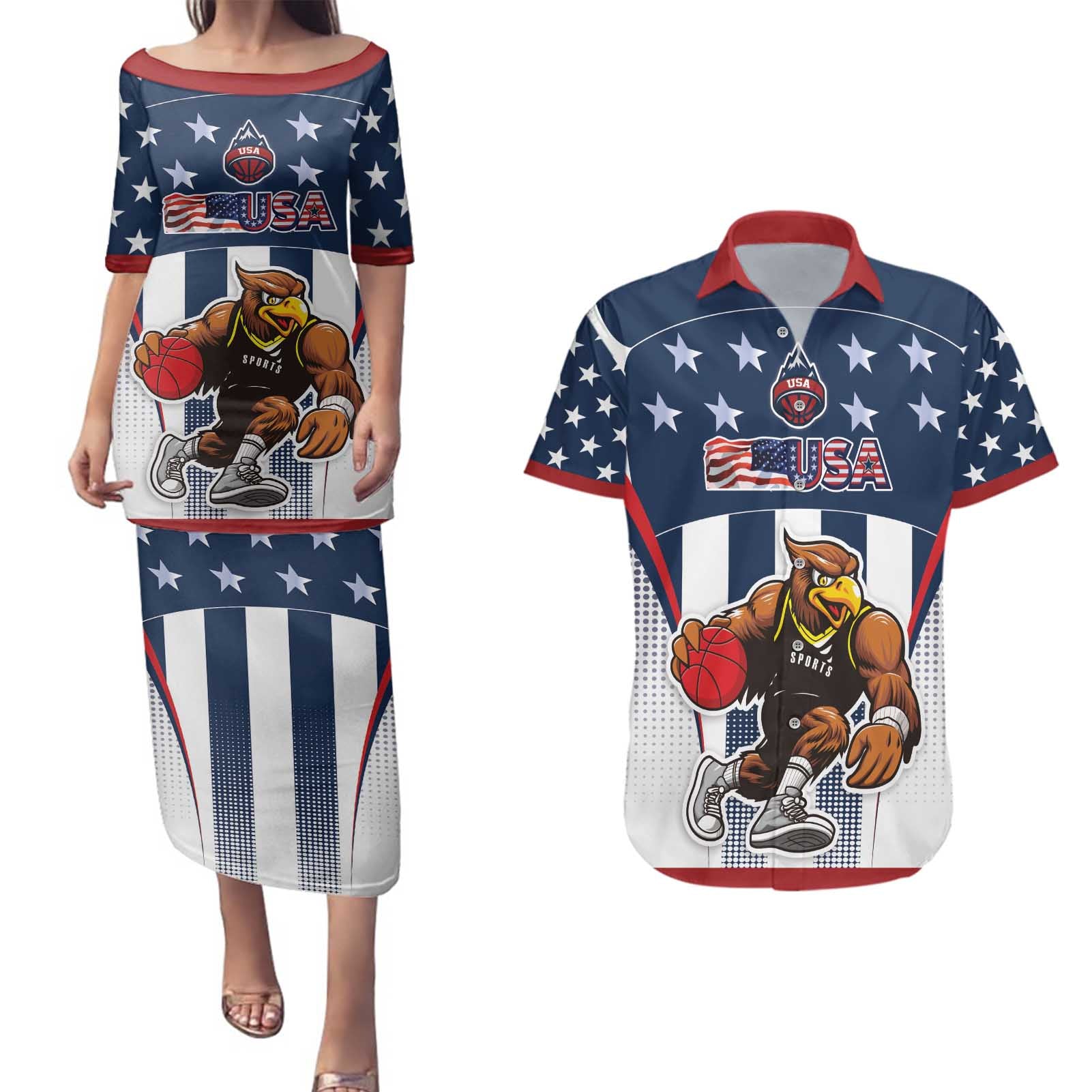 Custom United States Basketball Couples Matching Puletasi and Hawaiian Shirt USA Eagle Mascot Style