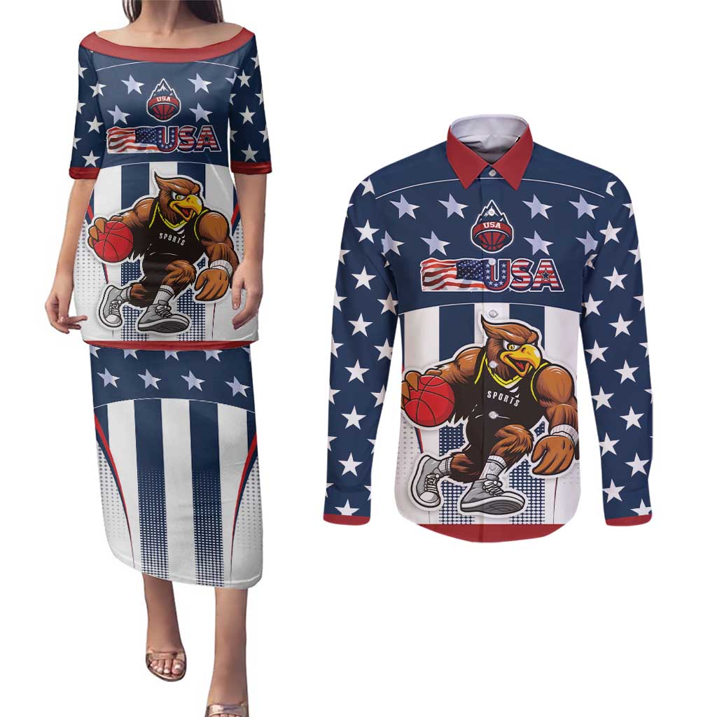 Custom United States Basketball Couples Matching Puletasi and Long Sleeve Button Shirt USA Eagle Mascot Style
