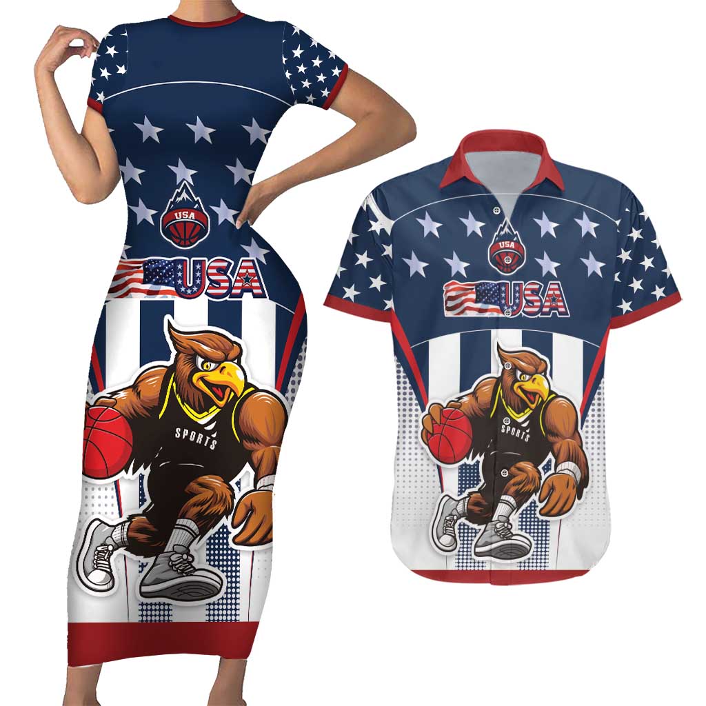 Custom United States Basketball Couples Matching Short Sleeve Bodycon Dress and Hawaiian Shirt USA Eagle Mascot Style